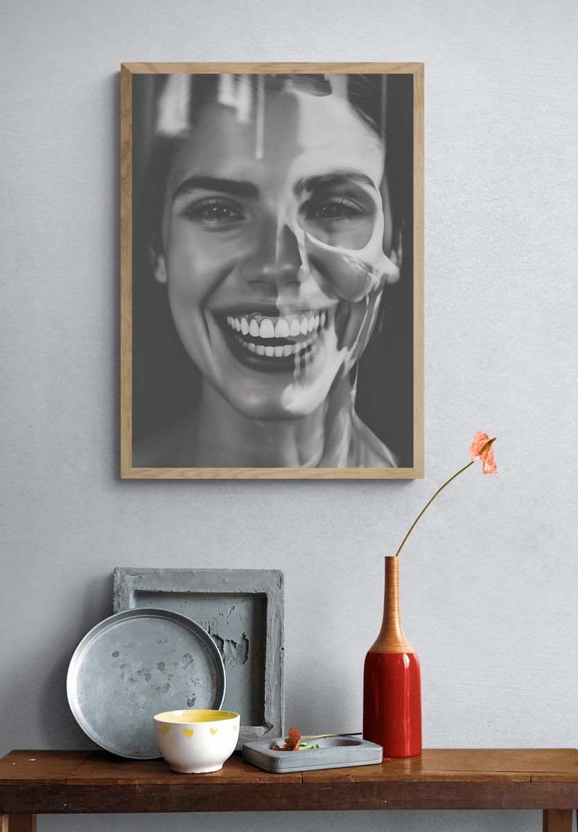 Smiling Woman Black-White Portrait Poster. — room view 3