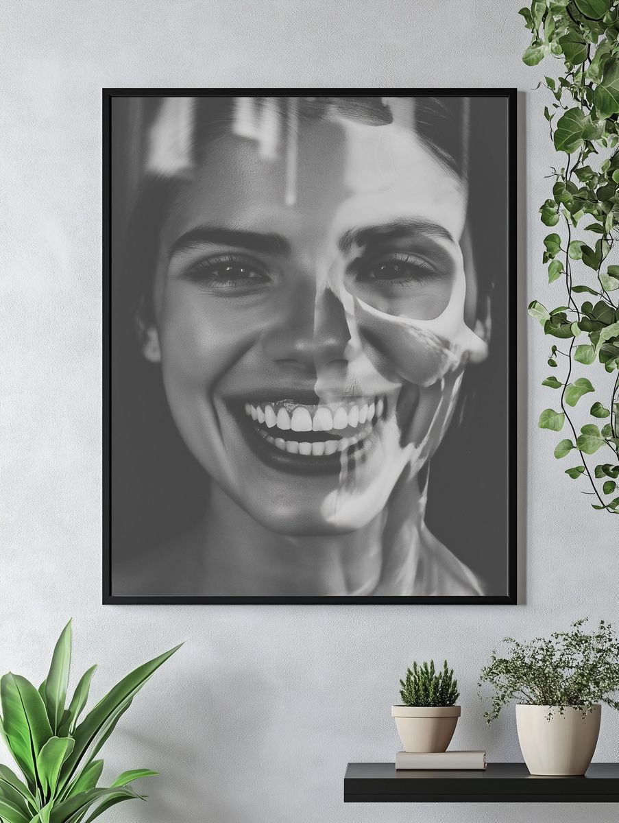 Smiling Woman Black-White Portrait Poster. — room view 4