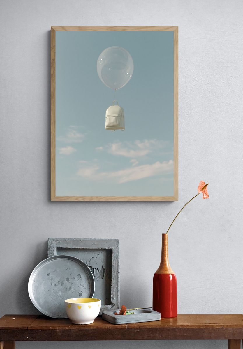 Floating Backpack Sky Photography Poster. — room view 3