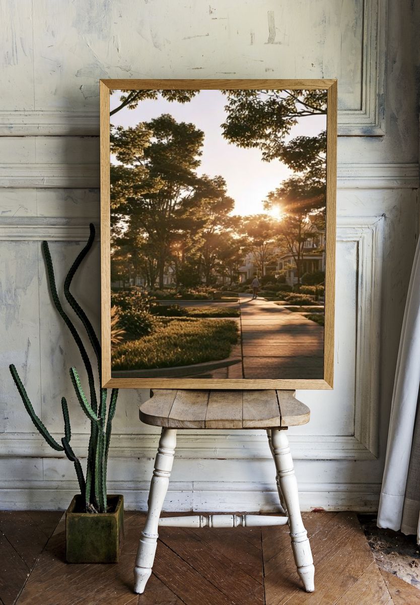 Sunlit Neighborhood Street Photography Poster. — room view 1