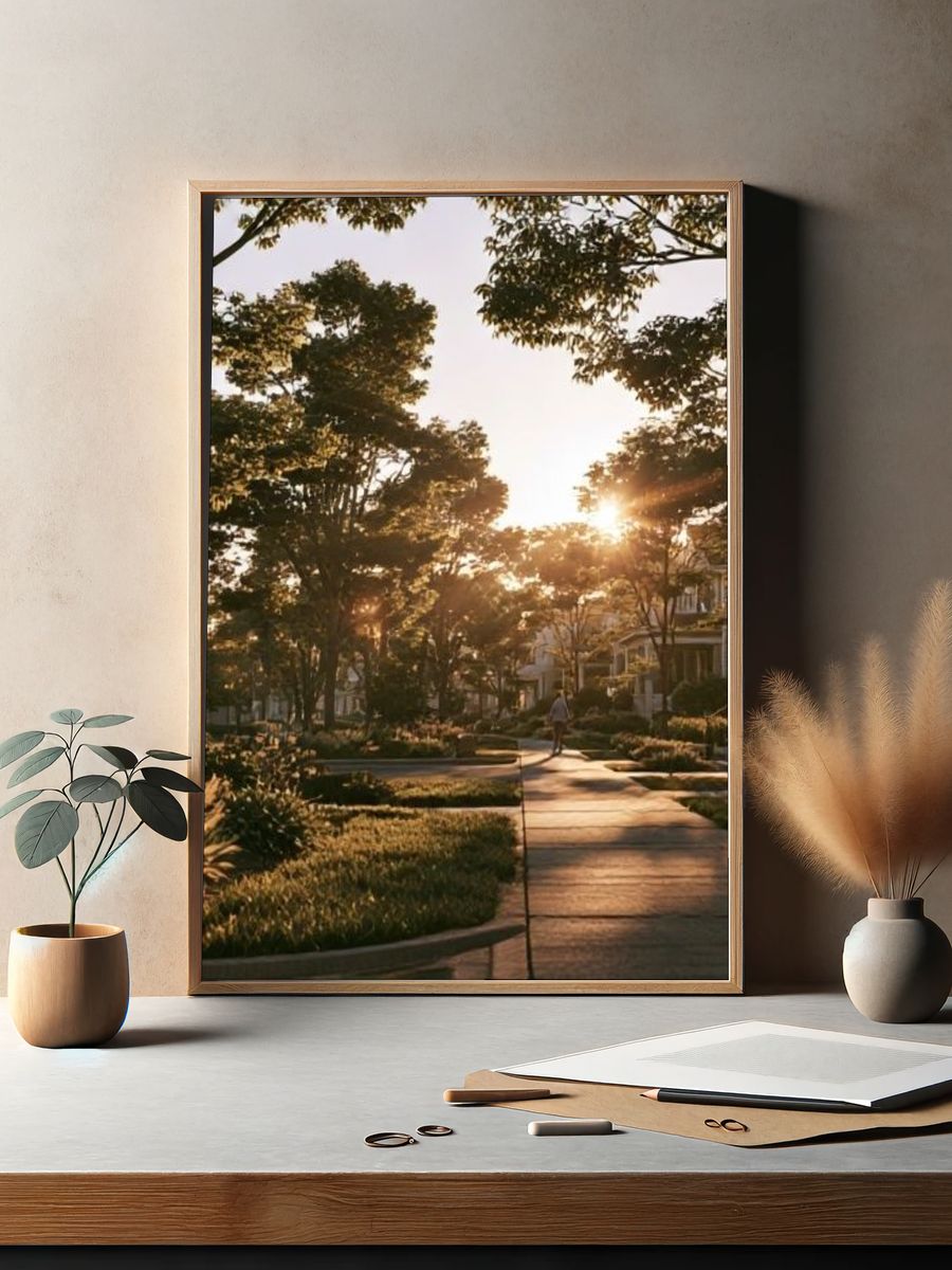 Sunlit Neighborhood Street Photography Poster. — room view 2