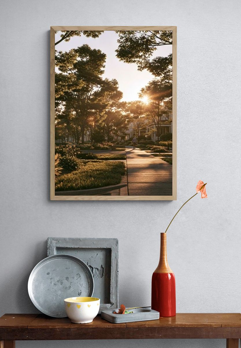Sunlit Neighborhood Street Photography Poster. — room view 3