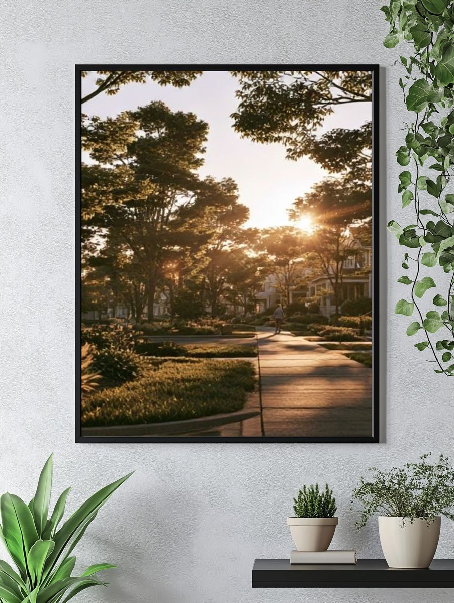 Sunlit Neighborhood Street Photography Poster. — room view 4