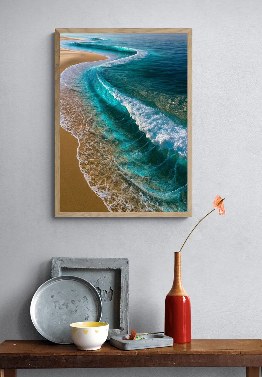 Turquoise Shoreline Photography Poster. — room view 3