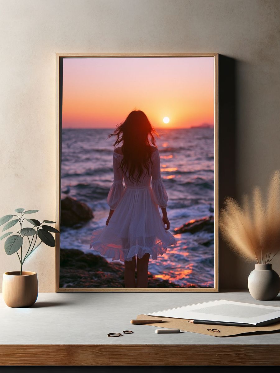 Sunset Seaside Silhouette Photography Poster. — room view 2