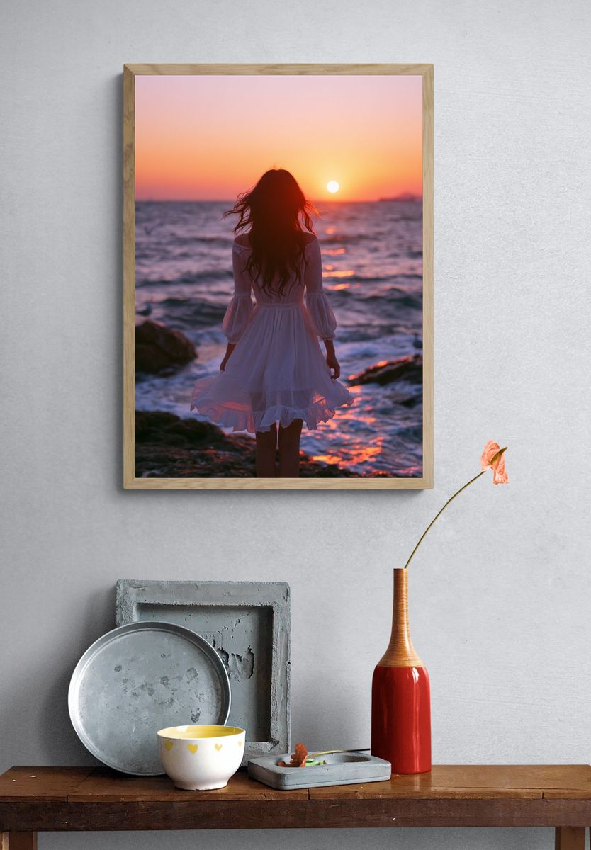 Sunset Seaside Silhouette Photography Poster. — room view 3