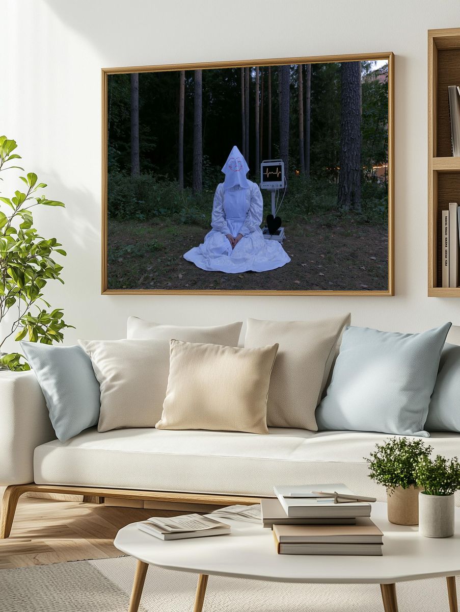 Masked Figure in Forest Photography Poster. — room view 2