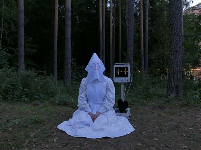 Masked Figure in Forest Photography Poster. poster