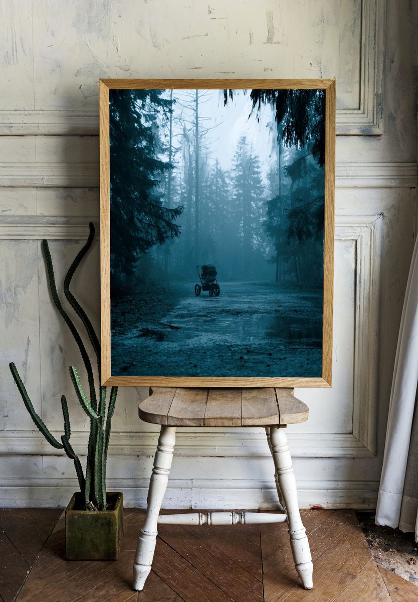 Misty Forest Path Photography Poster. room preview