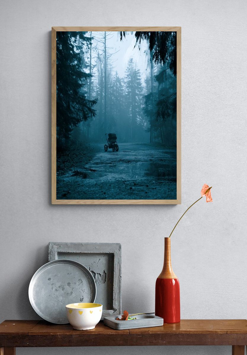 Misty Forest Path Photography Poster. — room view 3