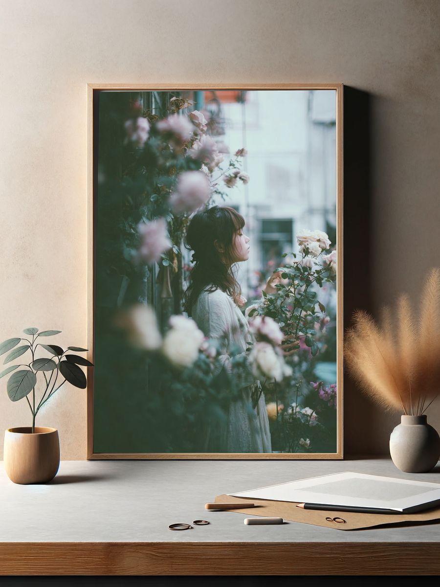 Woman Among Roses Photography Poster. — room view 2