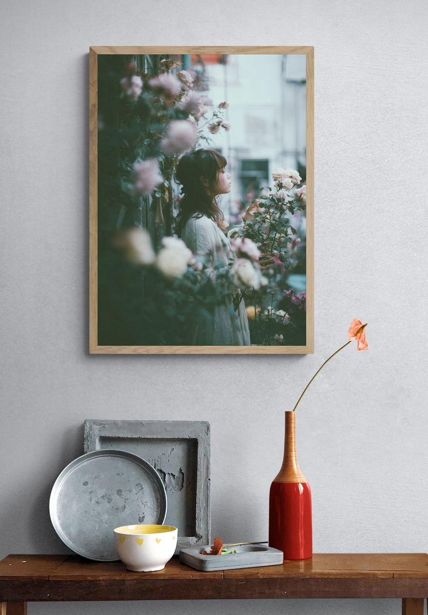 Woman Among Roses Photography Poster. — room view 3
