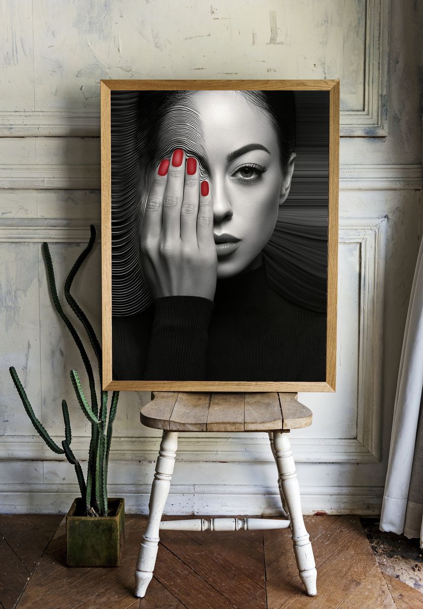 Monochrome Woman with Red Nails Print. — room view 1