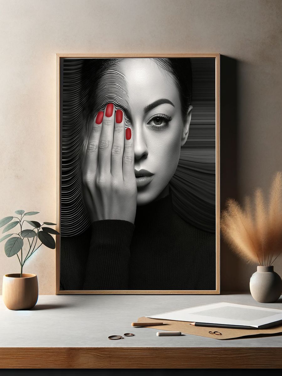 Monochrome Woman with Red Nails Print. — room view 2