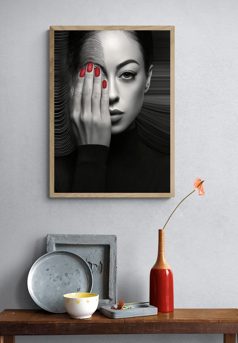 Monochrome Woman with Red Nails Print. — room view 3