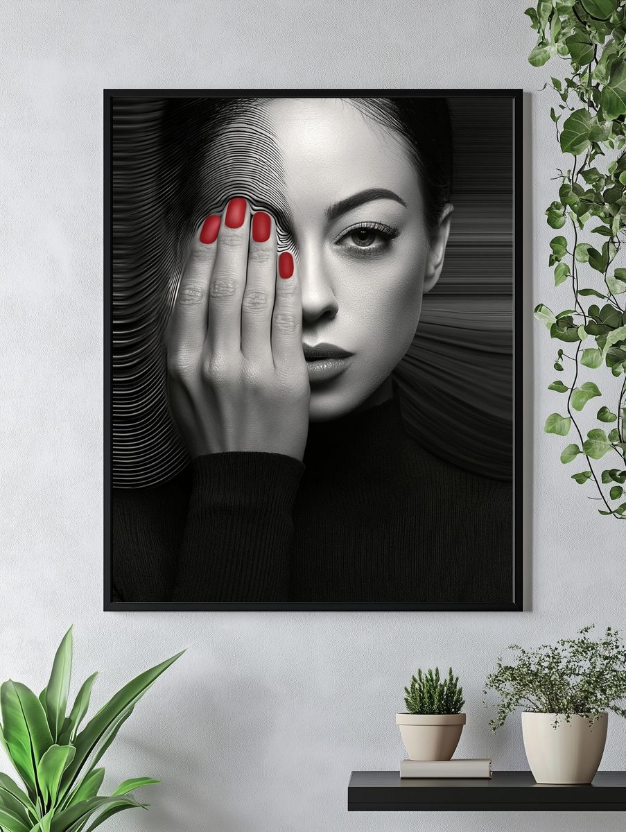 Monochrome Woman with Red Nails Print. — room view 4