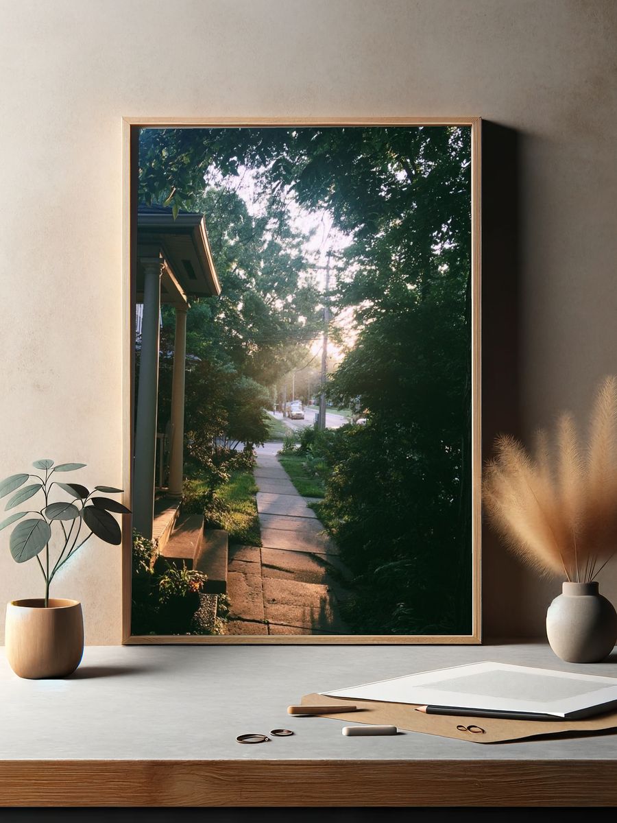 Sunlit Garden Path Photography Poster. — room view 2