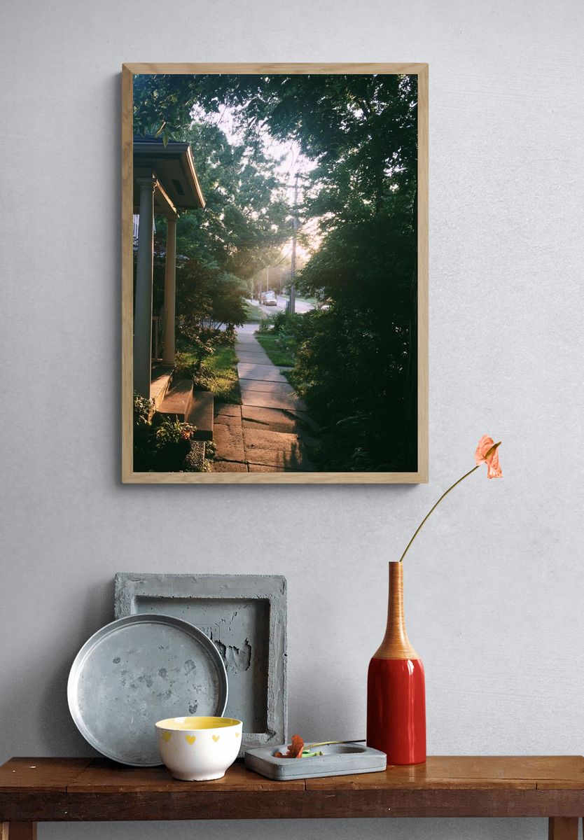 Sunlit Garden Path Photography Poster. — room view 3