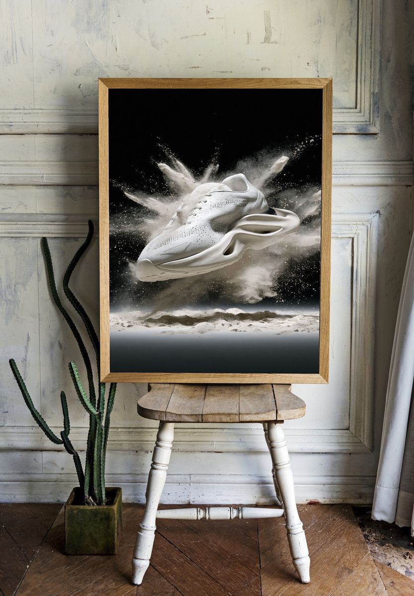 White Sneaker Explosion Photography Poster. — room view 1