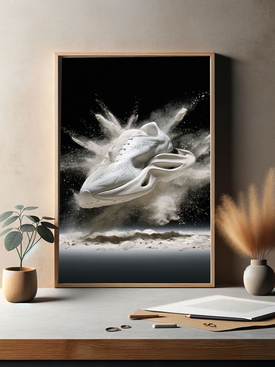 White Sneaker Explosion Photography Poster. — room view 2