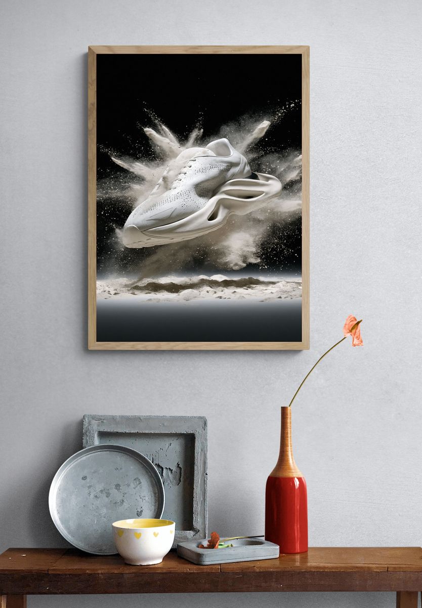 White Sneaker Explosion Photography Poster. — room view 3