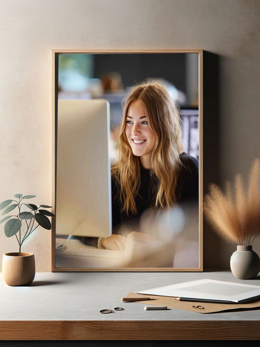 Smiling Woman at Desk Photography Poster. — room view 2