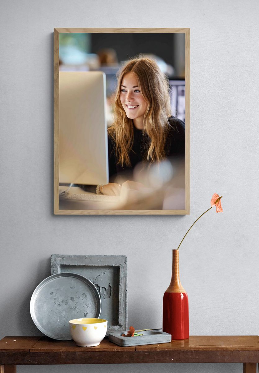 Smiling Woman at Desk Photography Poster. — room view 3