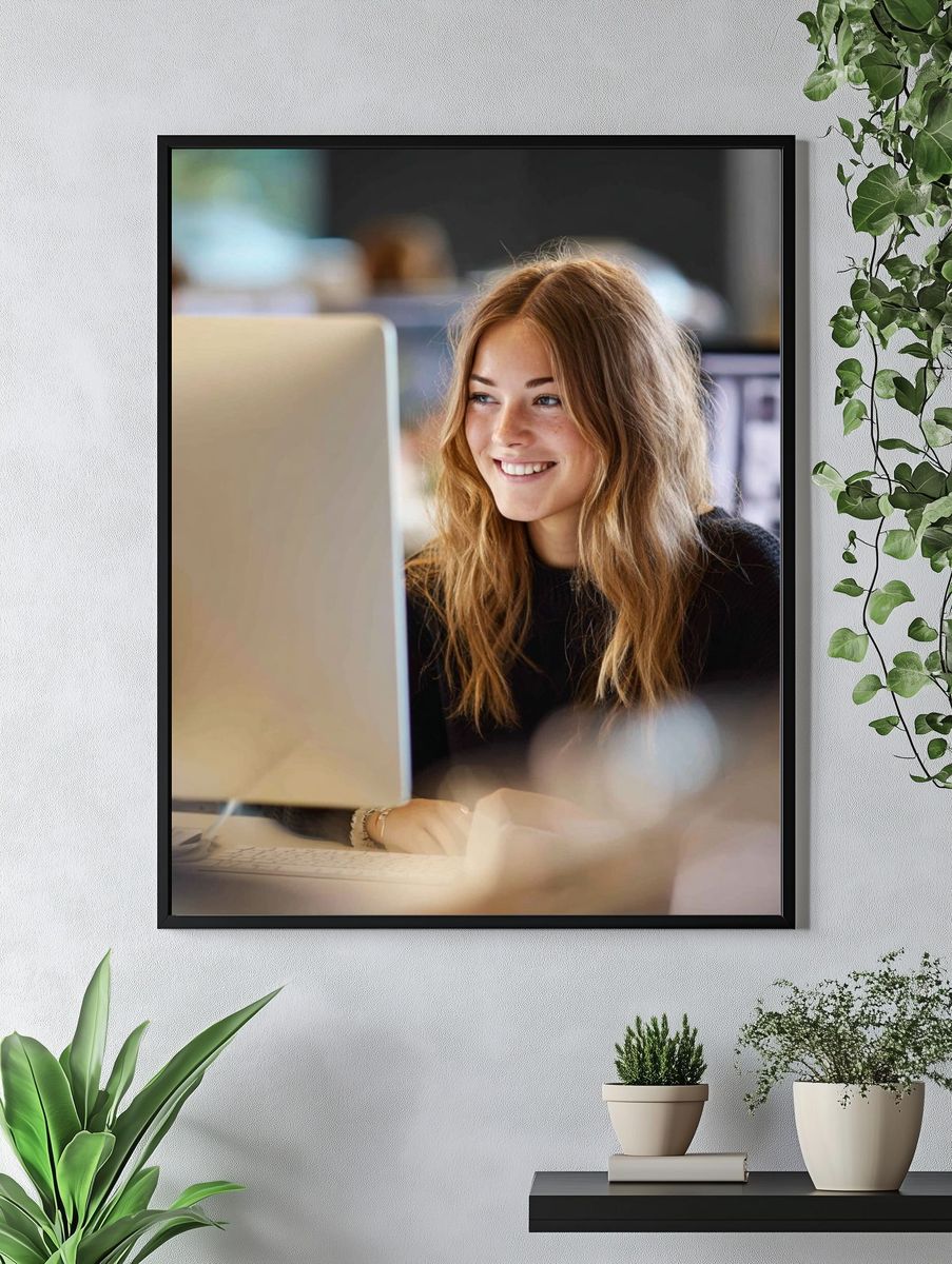 Smiling Woman at Desk Photography Poster. — room view 4