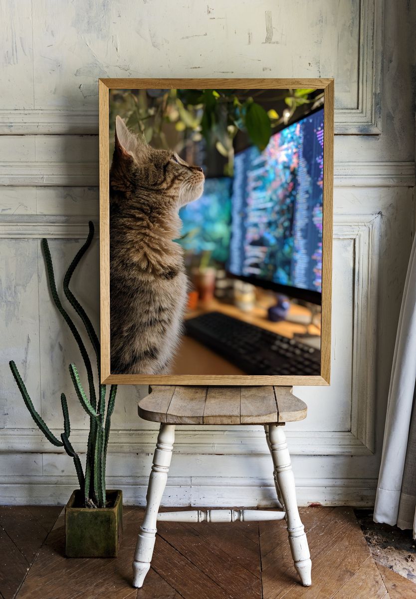 Tabby Cat at Computer Photography Poster. — room view 1