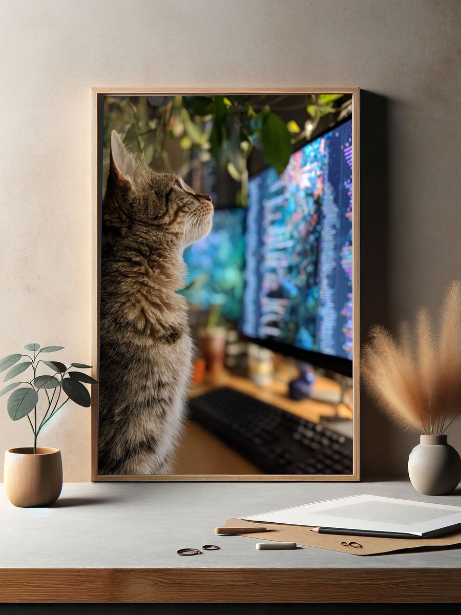 Tabby Cat at Computer Photography Poster. — room view 2