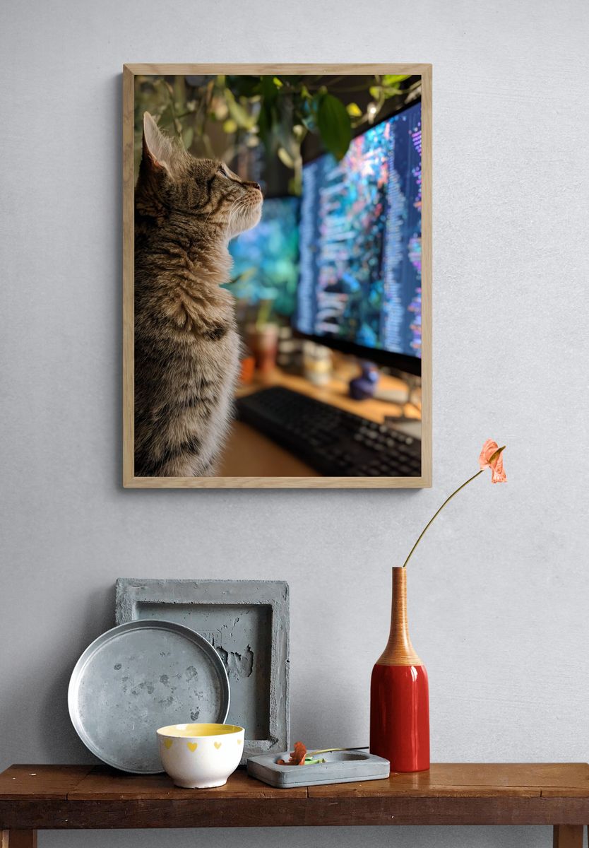 Tabby Cat at Computer Photography Poster. — room view 3