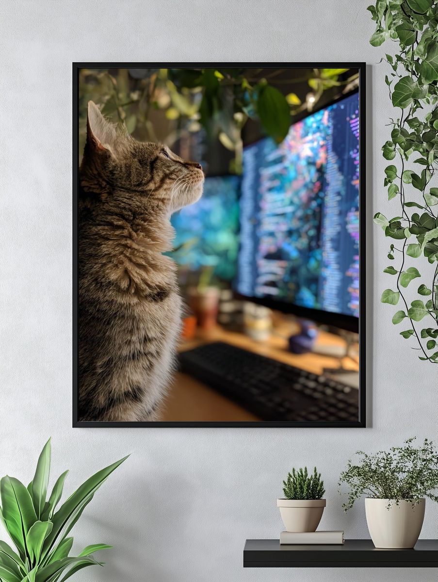 Tabby Cat at Computer Photography Poster. — room view 4
