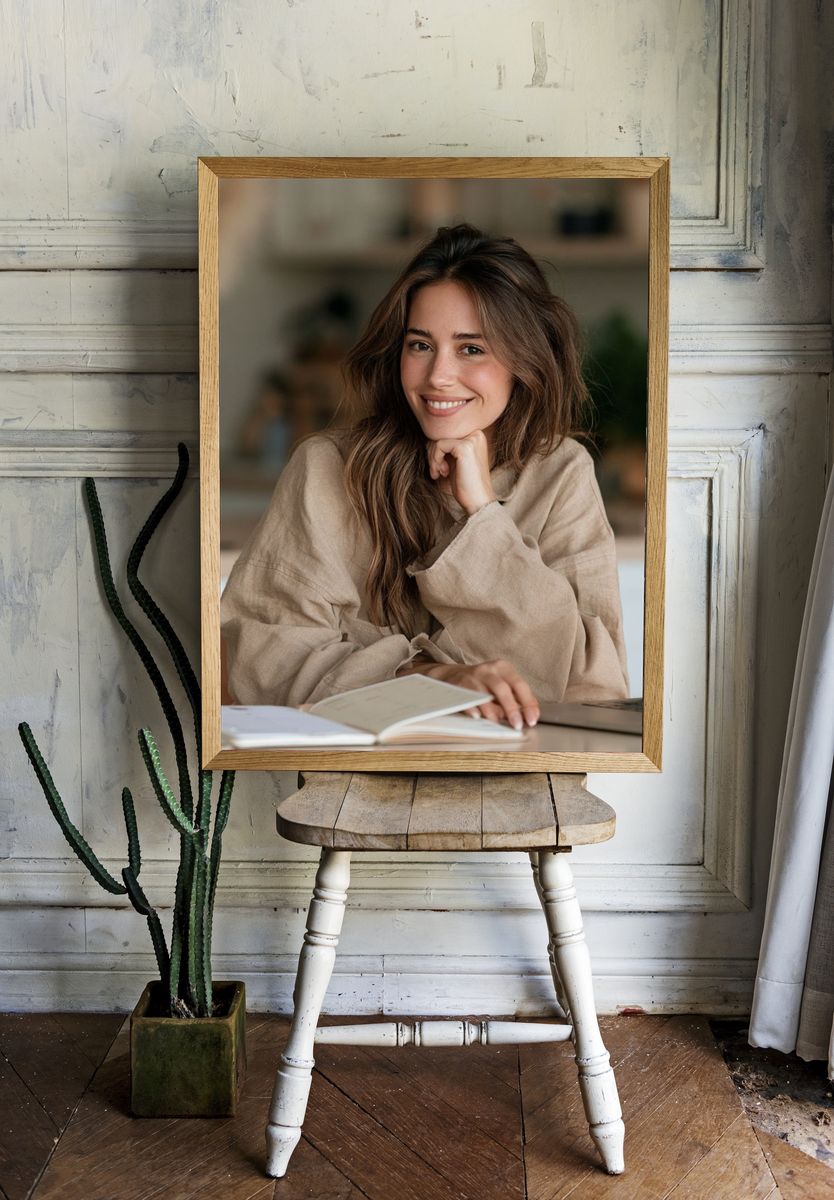 Smiling Woman at Desk Photography Poster. — room view 1