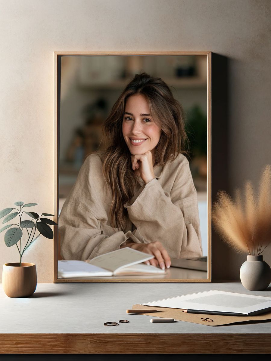 Smiling Woman at Desk Photography Poster. — room view 2