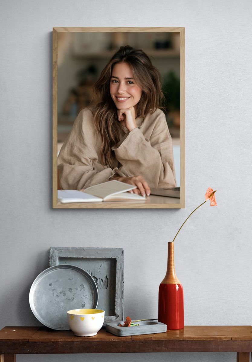 Smiling Woman at Desk Photography Poster. — room view 3