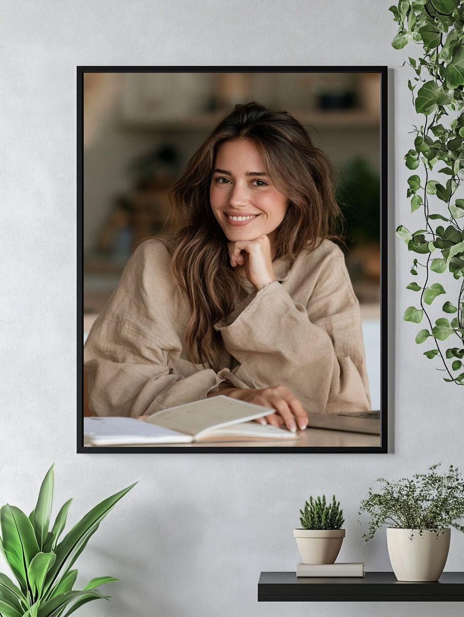 Smiling Woman at Desk Photography Poster. — room view 4