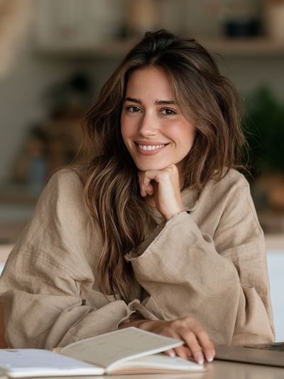 Smiling Woman at Desk Photography Poster.