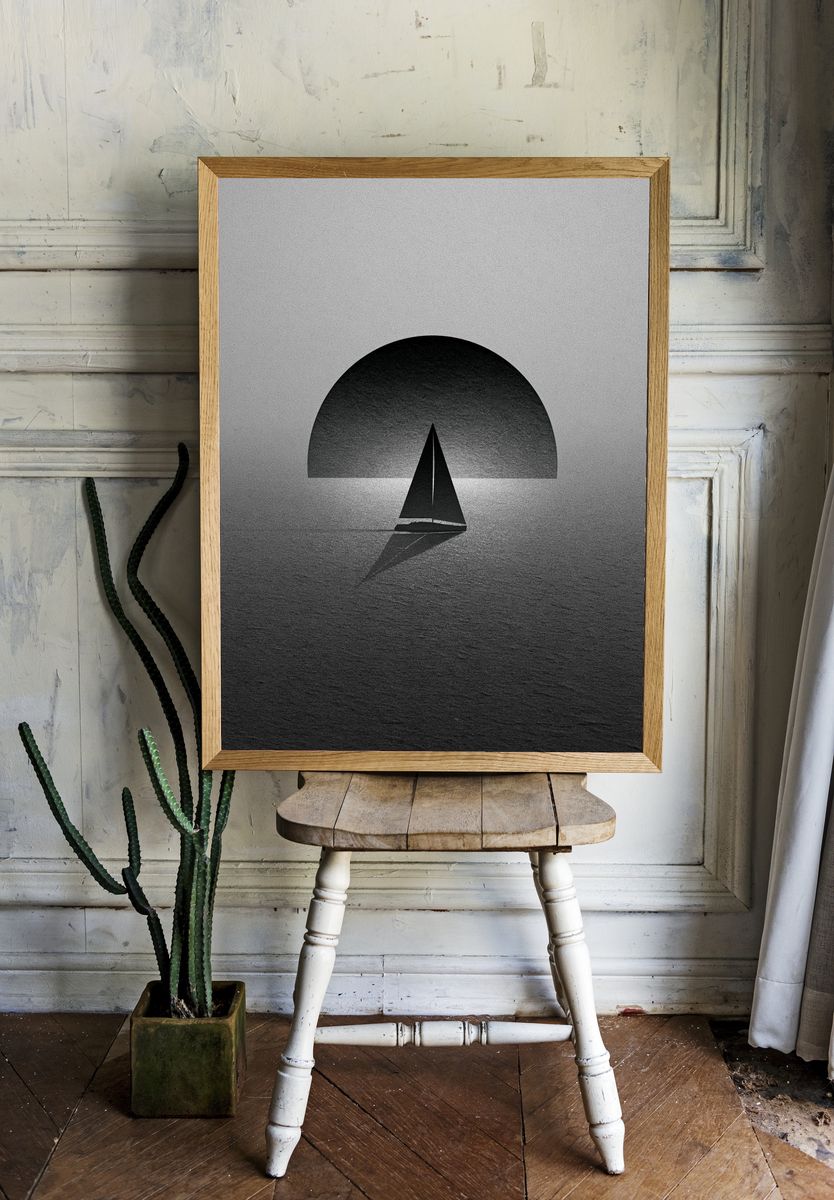 Sailboat Silhouette Black-White Print. room preview