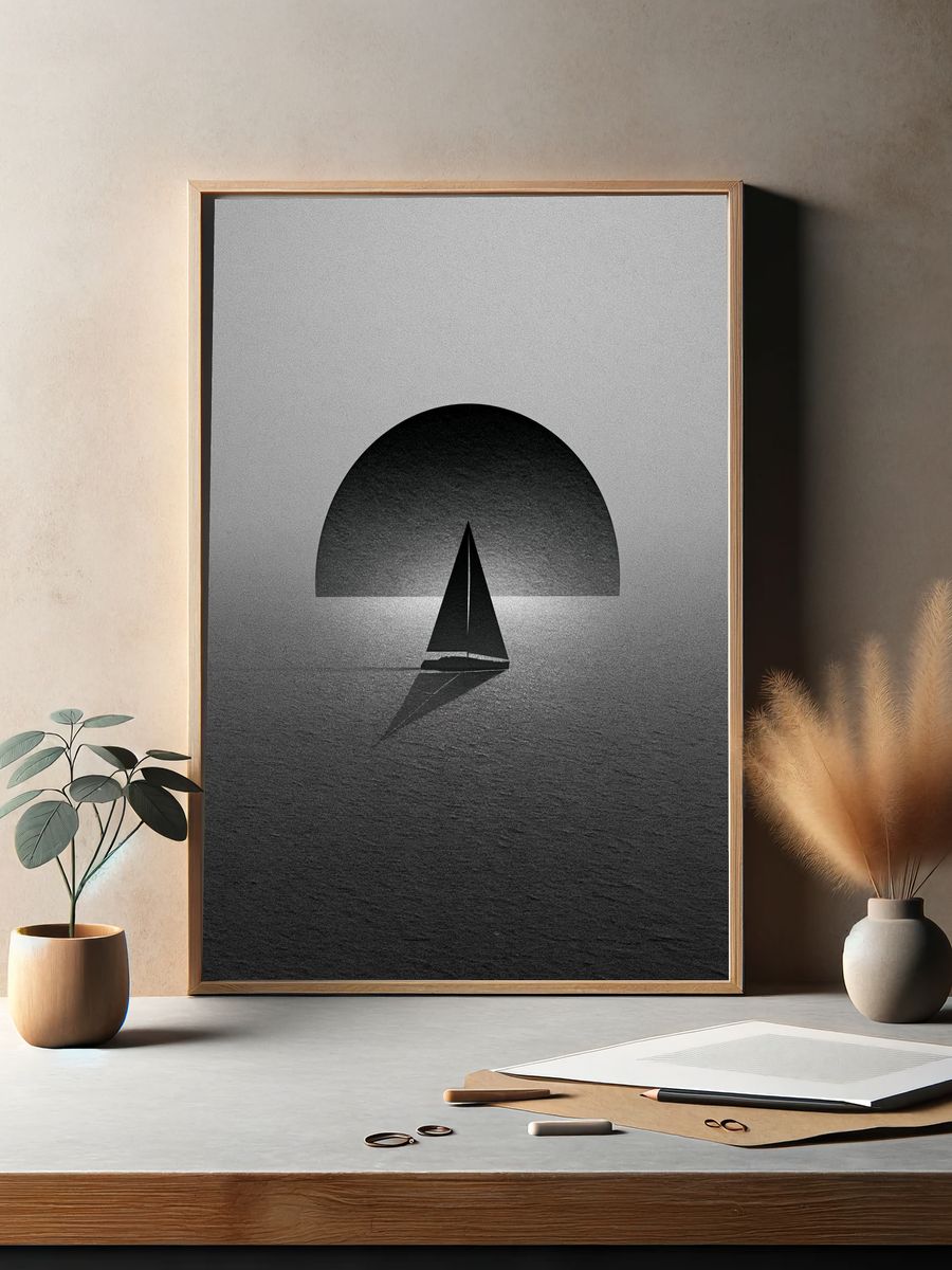 Sailboat Silhouette Black-White Print. — room view 2