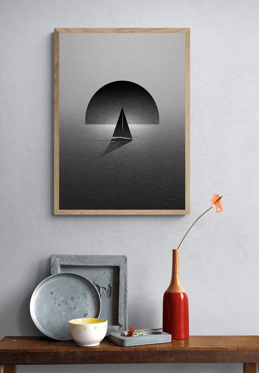 Sailboat Silhouette Black-White Print. — room view 3