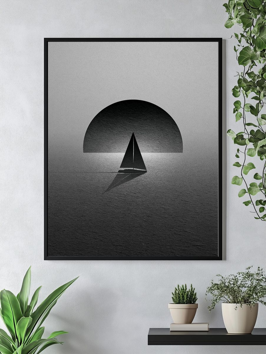 Sailboat Silhouette Black-White Print. — room view 4