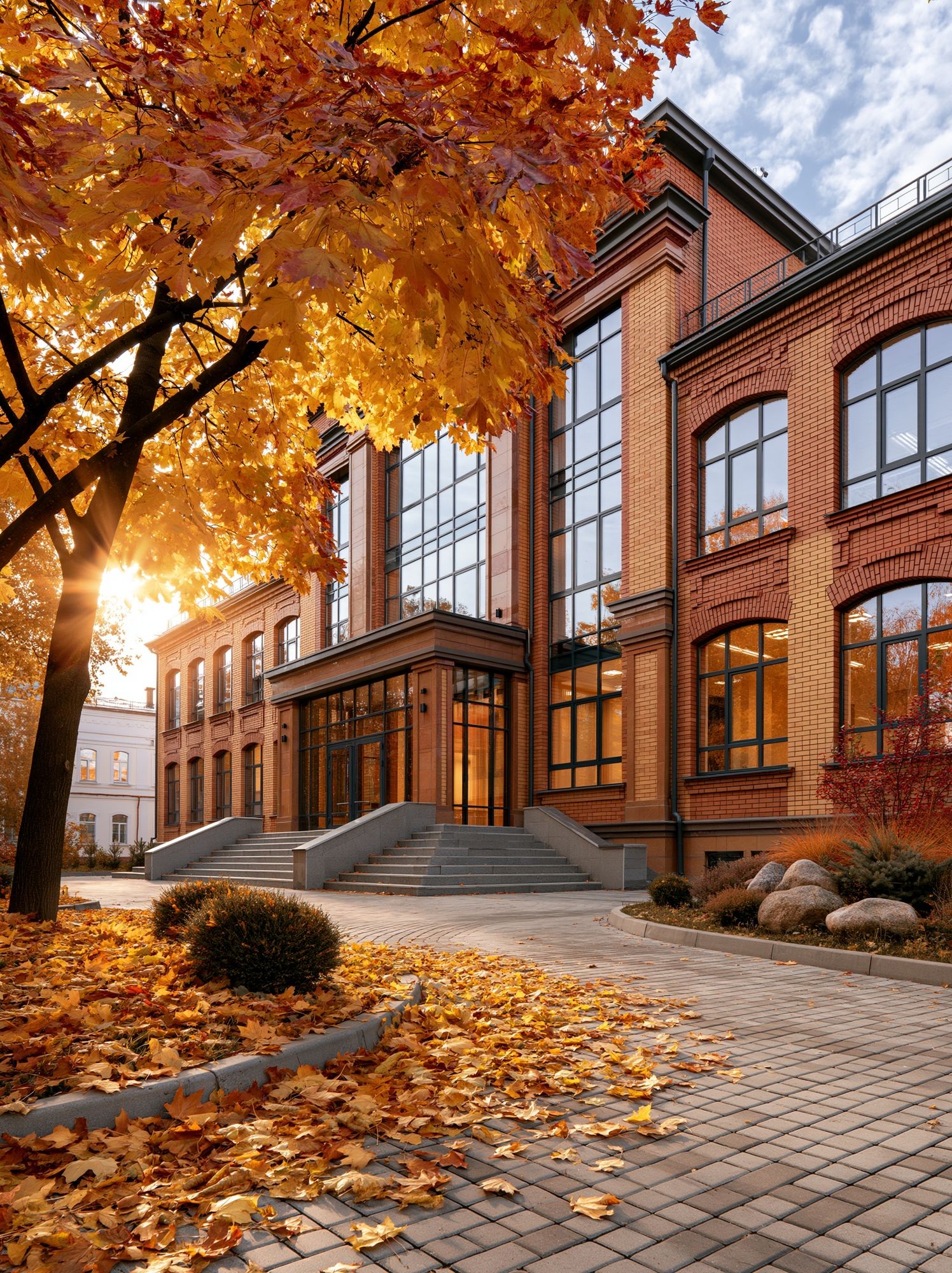 Autumn Brick Building Photography Poster. poster detail