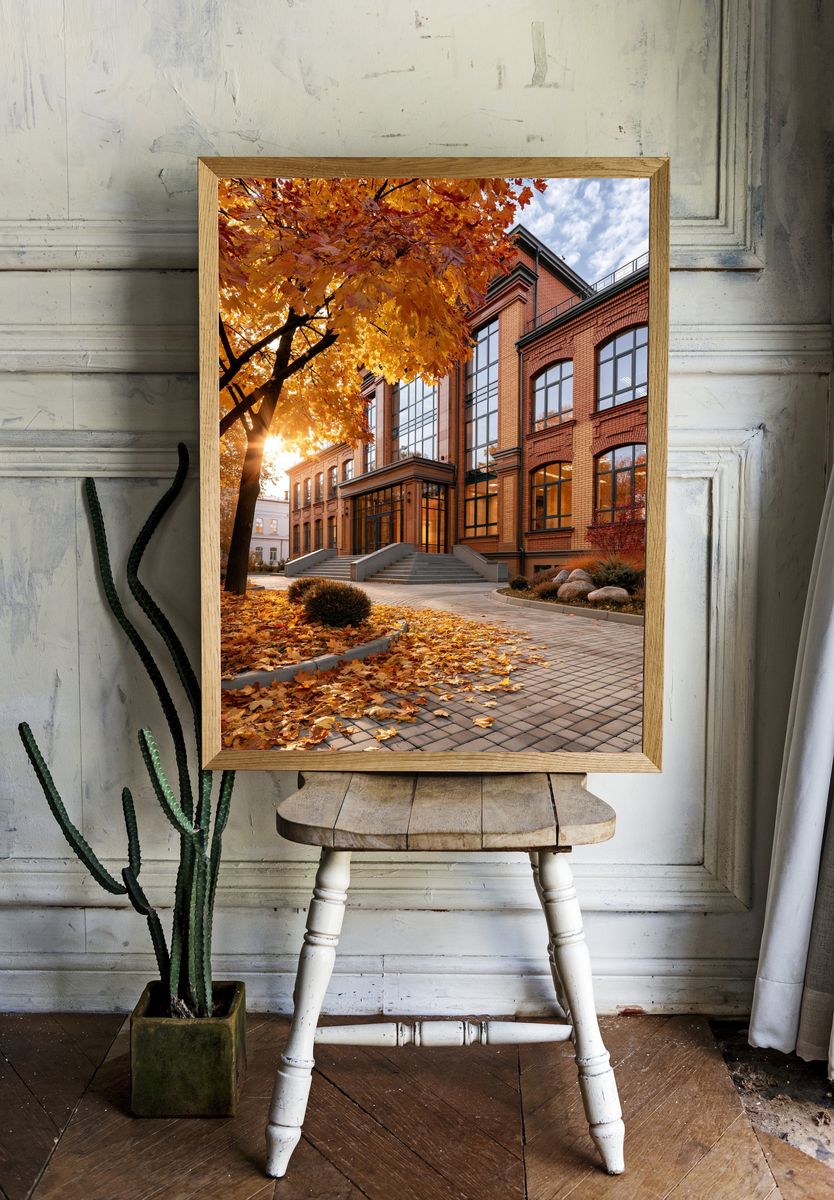 Autumn Brick Building Photography Poster. — room view 1