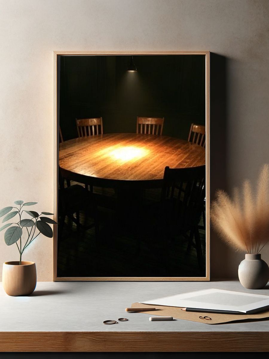 Dimly Lit Round Table Photography Poster. — room view 2