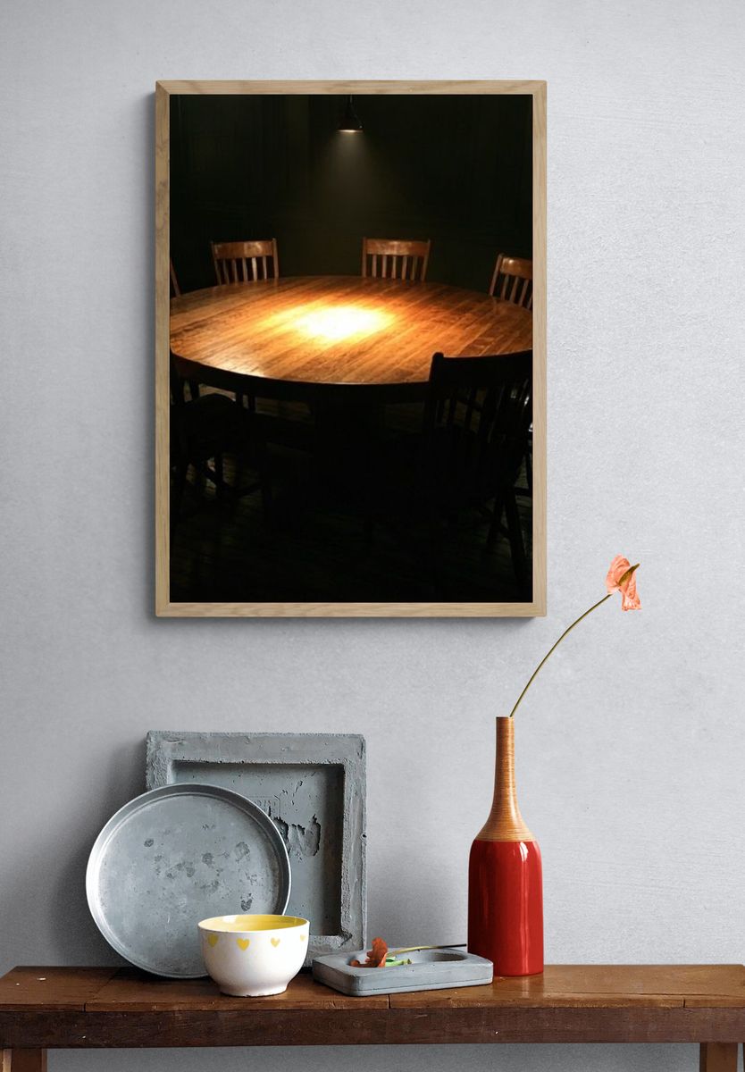 Dimly Lit Round Table Photography Poster. — room view 3