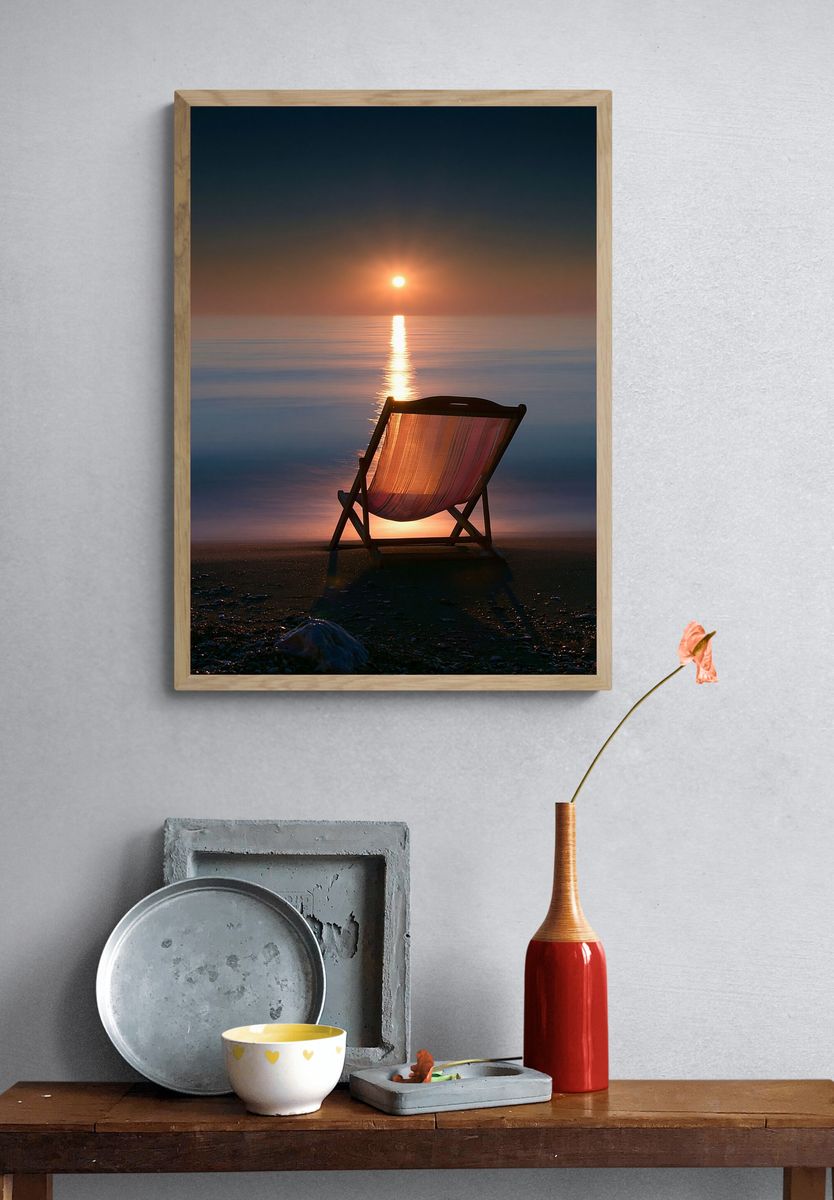 Sunset Beach Chair Photography Poster. — room view 3