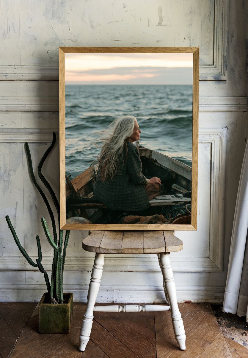 Elderly Woman at Sea Photography Poster. — room view 1