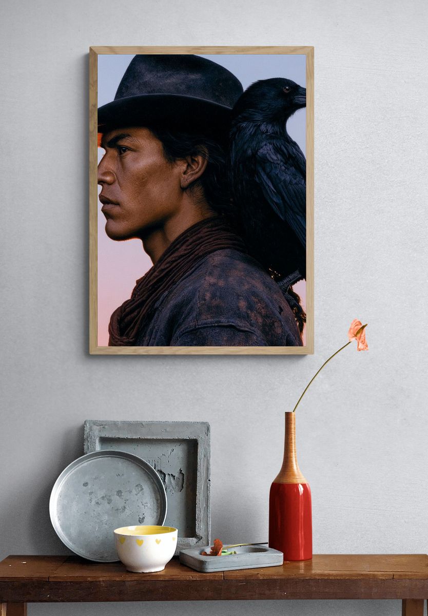 Cowboy and Raven Portrait Print. — room view 3