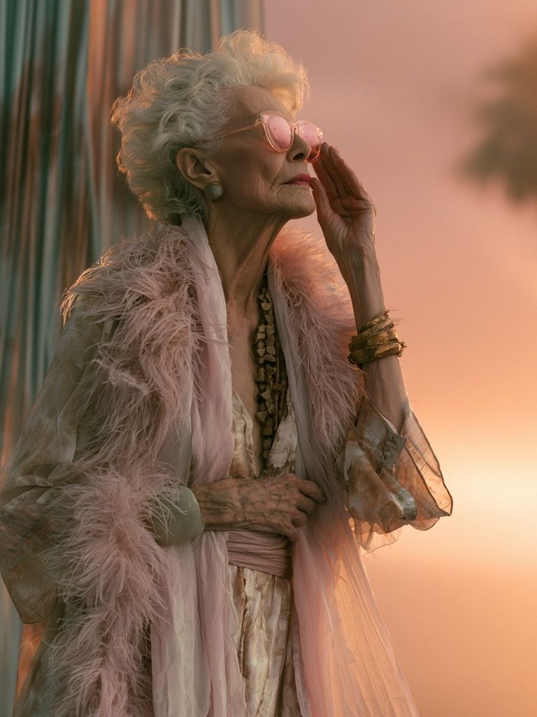 Elderly Woman at Sunset Photography Poster. poster detail
