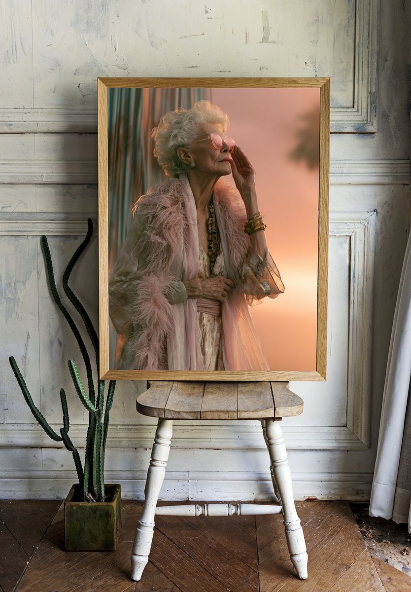Elderly Woman at Sunset Photography Poster. room preview